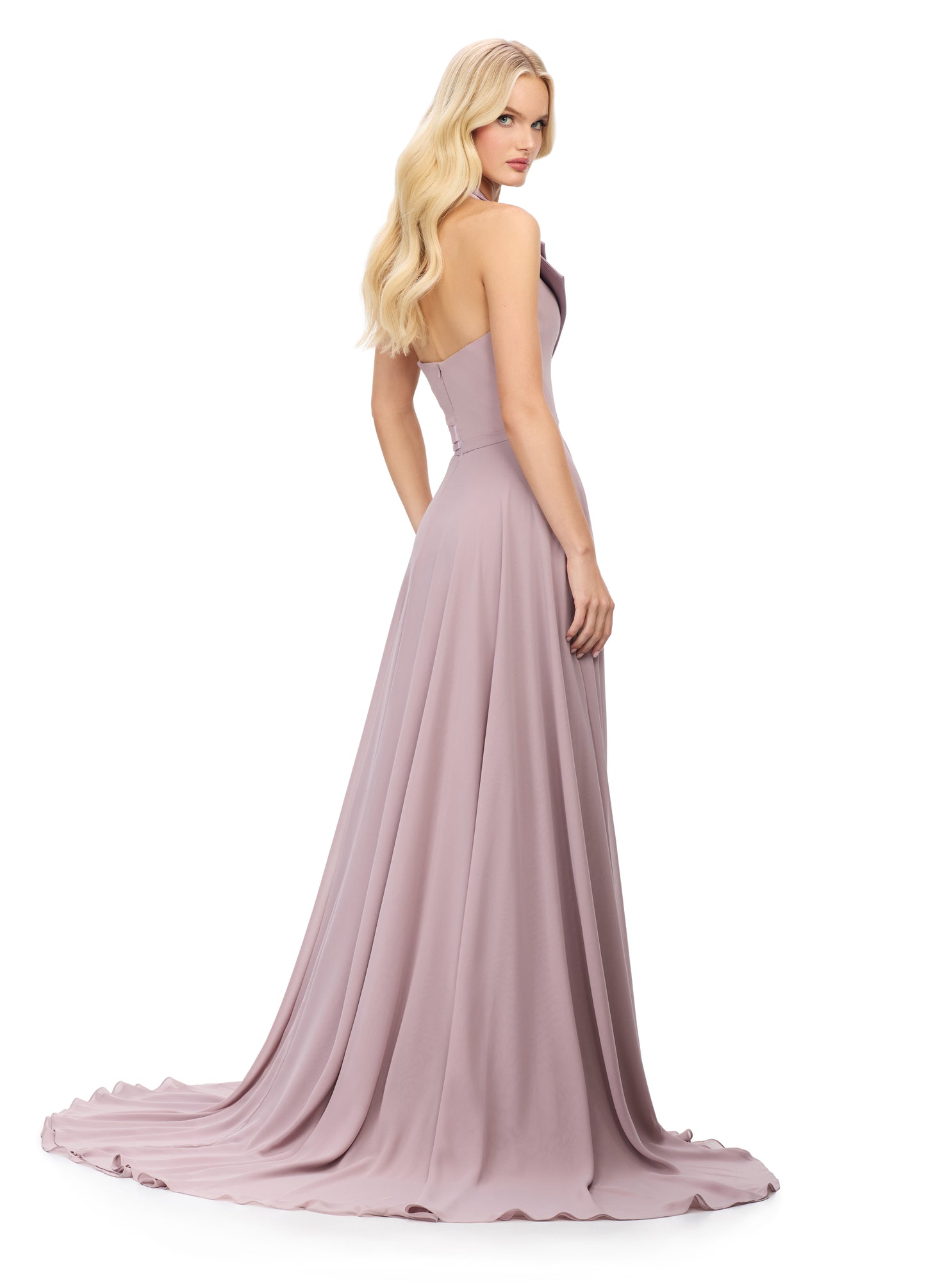 Ashley Lauren 11753 Halter A Line Evening Gown with Slit Tuxedo Lapel V Neckline