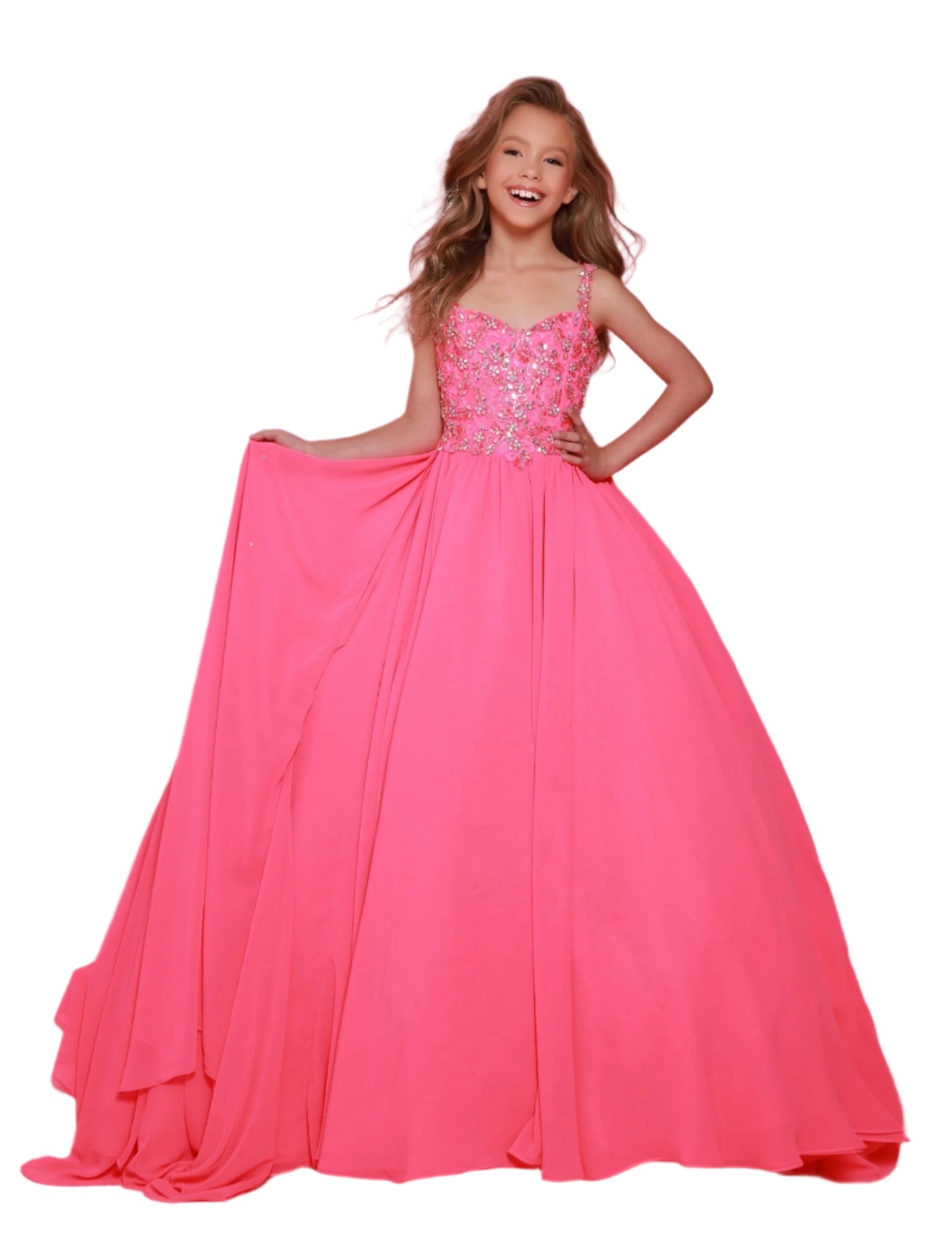 Experience the epitome of grace and sophistication with the Sugar Kayne C368 Chiffon Cape Girls Pageant Dress. Adorned with delicate crystal sequins and a stunning bodice, this ballgown is sure to make a lasting impression. The chiffon cape adds a touch of elegance and the perfect finishing touch. Perfect for teenagers looking for a show-stopping dress. Be simply stunning at your next pageant in this exquisite poly chiffon dress. Designed with beaded straps and a bodice that exudes winner-worthy elegance, i