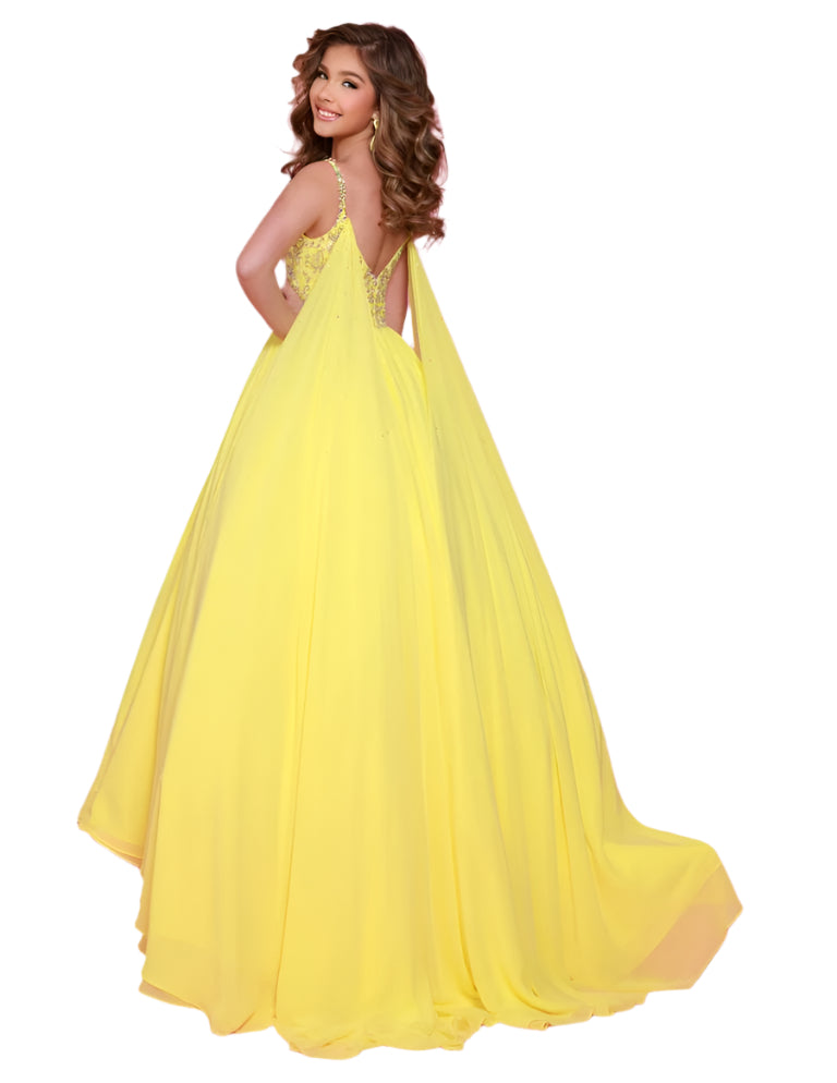 Experience the epitome of grace and sophistication with the Sugar Kayne C368 Chiffon Cape Girls Pageant Dress. Adorned with delicate crystal sequins and a stunning bodice, this ballgown is sure to make a lasting impression. The chiffon cape adds a touch of elegance and the perfect finishing touch. Perfect for teenagers looking for a show-stopping dress. Be simply stunning at your next pageant in this exquisite poly chiffon dress. Designed with beaded straps and a bodice that exudes winner-worthy elegance, i