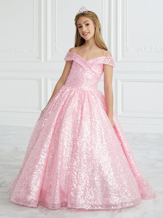 This stunning Tiffany Princess 13679 pageant dress features a dazzling sequin design, off the shoulder neckline, and a full ball gown silhouette, making your little one feel like royalty. Perfect for formal events and pageants, this dress is both elegant and eye-catching