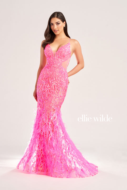 The Ellie Wilde EW35006 Sheer Sequin Prom Dress Gown features a low lace-up back with a side waist mesh inset corset and a glamorous, full-length feather skirt. Look stunning on your special night with this luxurious backless gown.  COLOR: ORANGE, CHAMPAGNE, EMERALD, HOT PINK, IRIS SIZE: 00 - 16