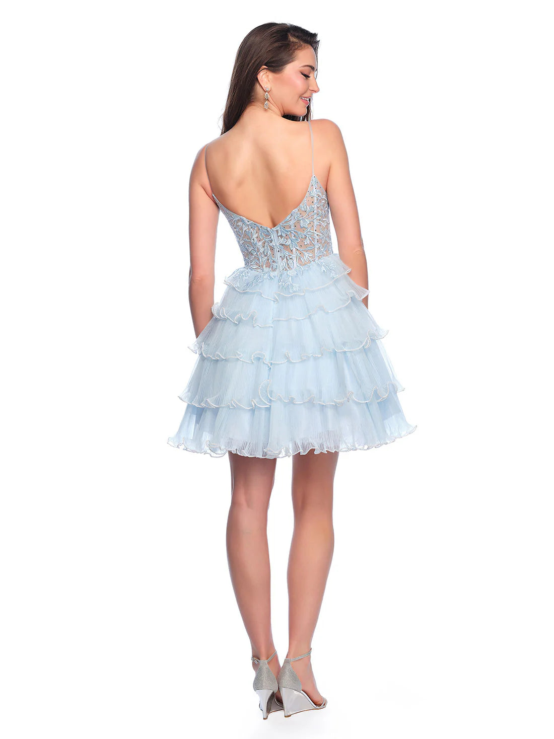 Look stunning in the Dave &amp; Johnny 11753 Short Pleated Dress. The pearl hem adds elegance to the layered pleated A Line skirt, while the Sheer corset lace bodice offers a flattering fit with&nbsp; a V neckline. Perfect for homecoming or a cocktail party.