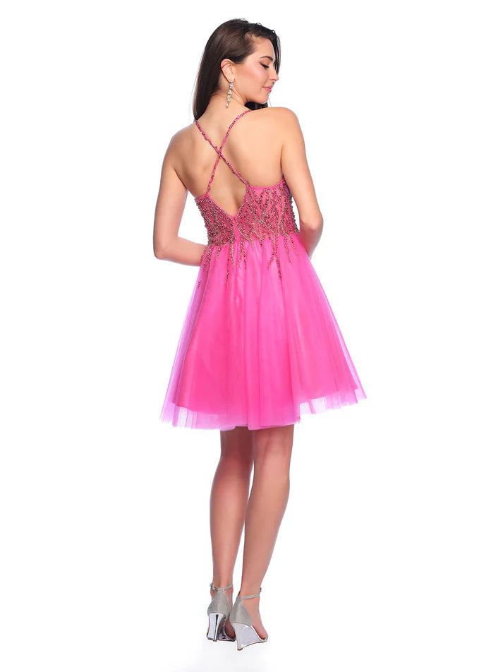 This Dave &amp; Johnn7 homecoming dress features a sheer beaded bodice and flared tulle skirt for a shimmering and stylish look. Perfect for any special occasion, this dress provides a flattering silhouette and showcases expert craftsmanship. Make a statement with this eye-catching and elegant dress.