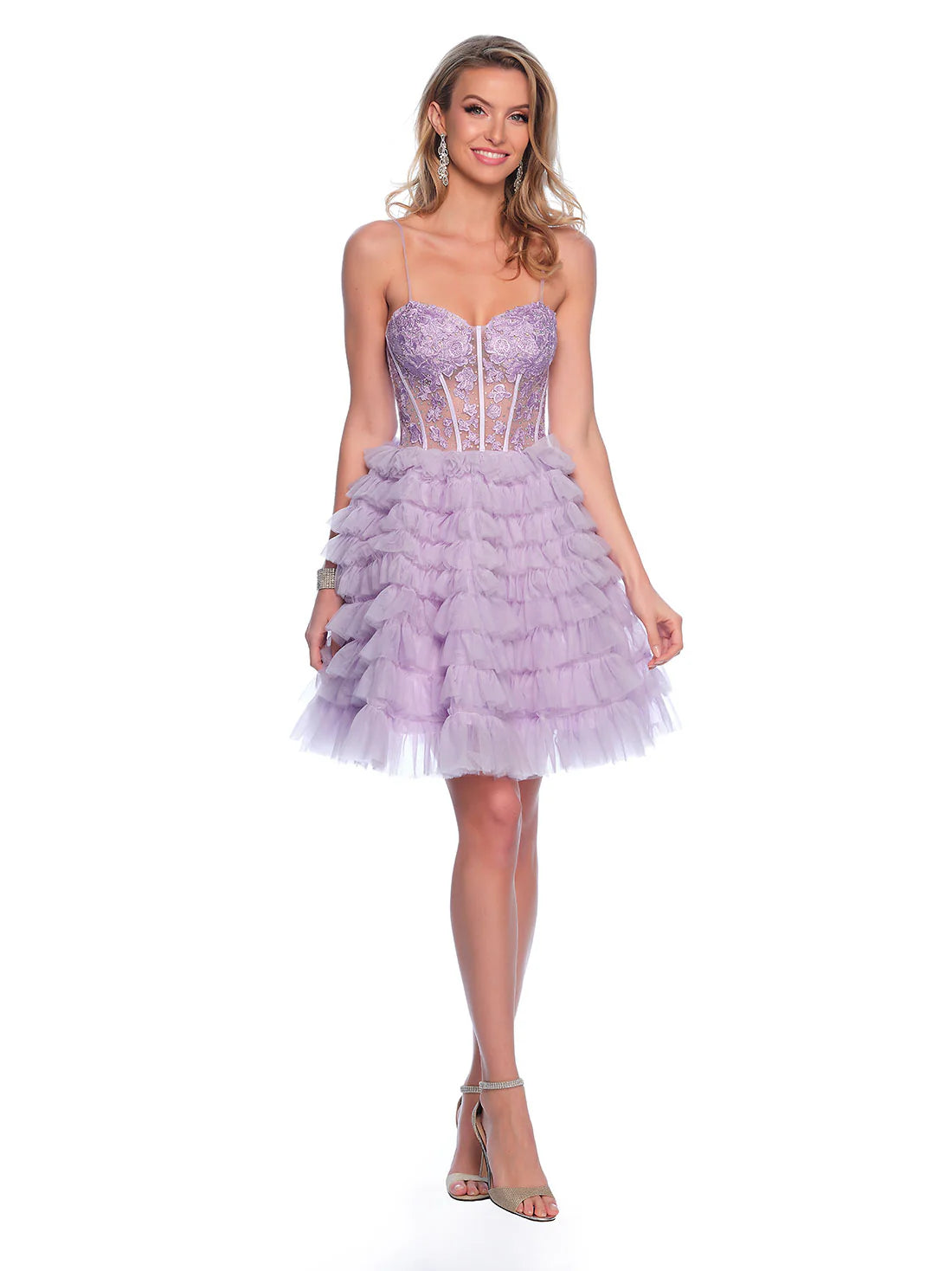 Elevate your look with the Dave &amp; Johnny 11766 Layer Ruffle A Line Homecoming Dress. The sheer lace corset and layered ruffles create a flattering A-line silhouette, perfect for any cocktail event. This dress combines style and comfort, making it a must-have for your