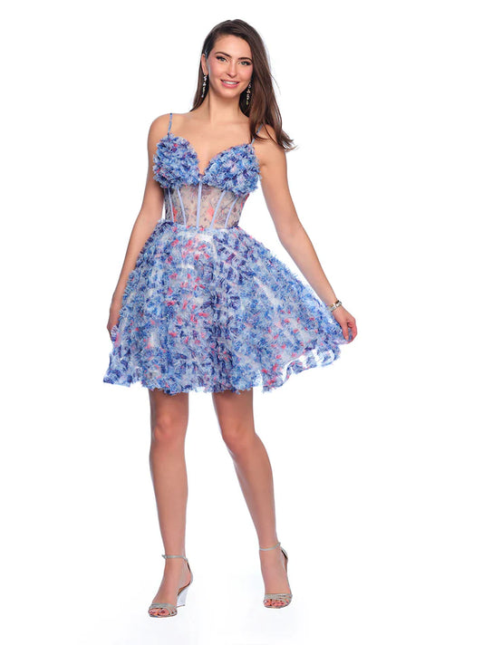 This Dave &amp; Johnny 11768 Short Ruffle Floral Homecoming Dress blends a charming floral print with a sheer corset top for a unique and stylish look. The A-line silhouette is flattering and comfortable, making it perfect for any cocktail occasion. Upgrade your wardrobe with this beautiful and fashion-forward gown.