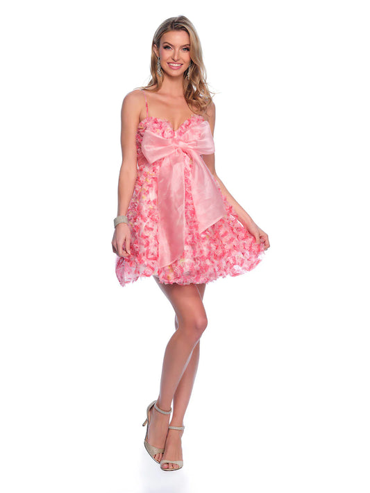 Expertly designed by Dave &amp; Johnny 11769 this short homecoming dress features a charming bow and playful ruffles, creating a flared
 silhouette for a fun and flirty look. Adorned with a lovely floral print, this cocktail dress is perfect for any special occasion.