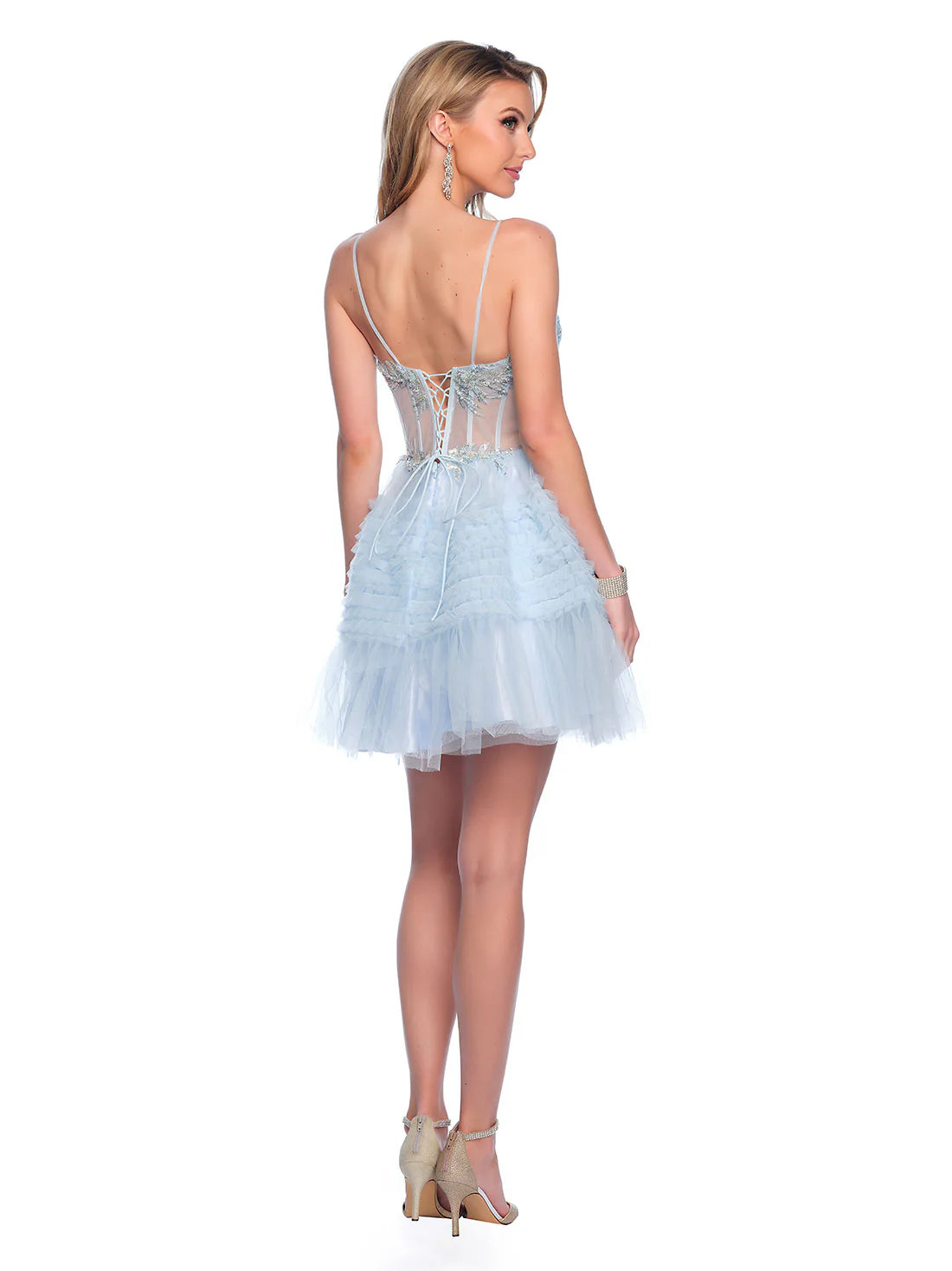 Dave & Johnny 11888 Size 2, 12 Ice Blue Sheer Corset Ruffle A Line Homecoming Dress Sequin Cocktail Gown Layered