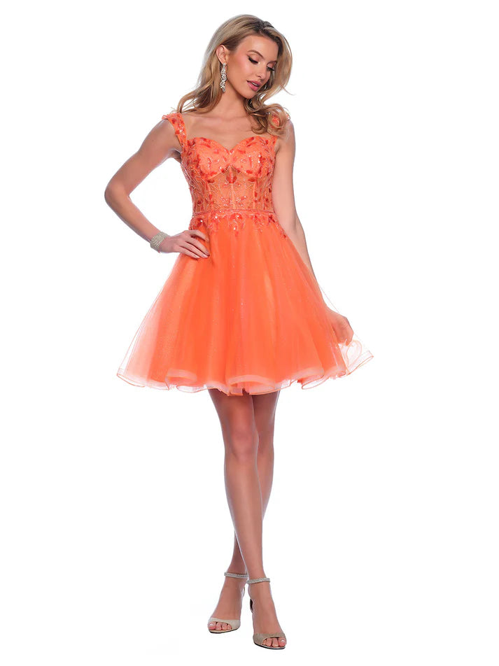 This Dave &amp; Johnny 12038 Beaded Shimmer Homecoming Dress is crafted with tulle in an elegant A-line silhouette and features off-the-shoulder detailing. The intricate beading adds a touch of shimmer, making it perfect for any special occasion. Expertly designed to flatter your figure, this dress is both stylish and comfortable.