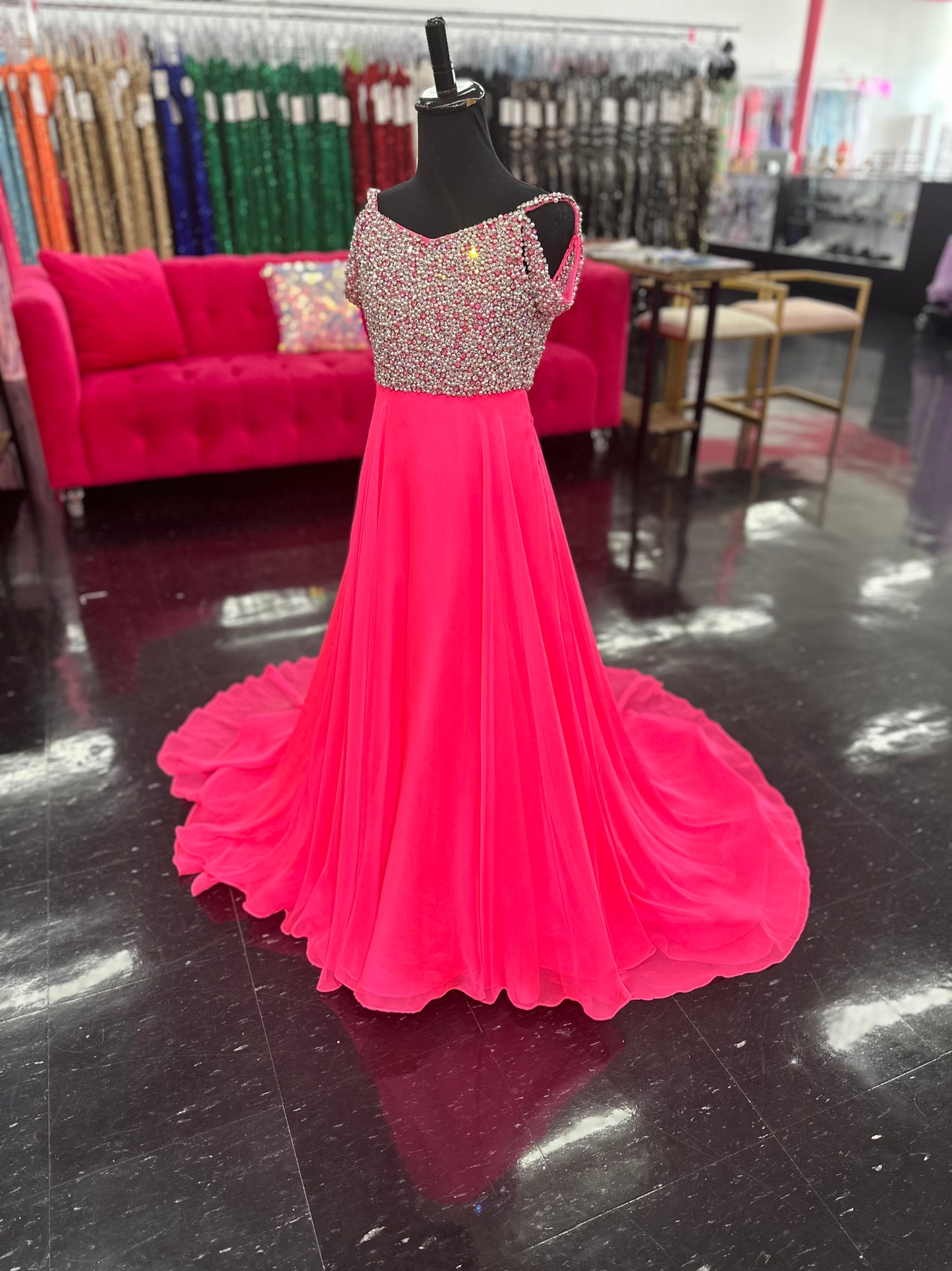 Ashley Lauren Kids 8220 Size 4 Hot Pink Beaded Bustier A-Line Off The Shoulder Sweetheart Neckline Chiffon Gown