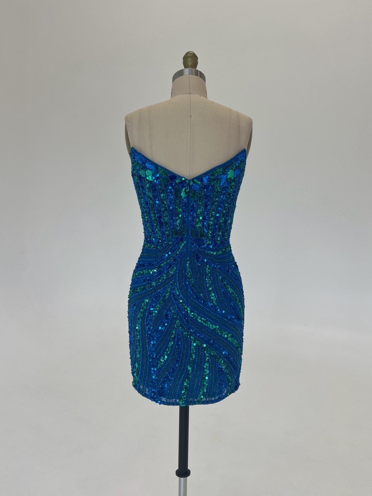 Ashley Lauren 4500 Size 8 Turquoise/Royal Short cocktail dress Peak Point V Neck Formal Beaded Sequin Gown