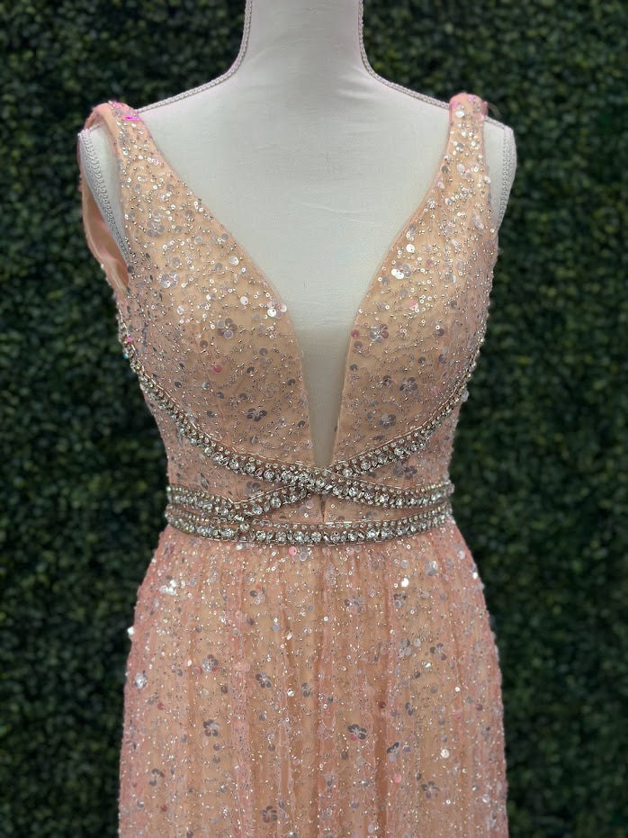 Johnathan Kayne 5400 Size 4 Champagne Long Beaded Sequin A Line Crystal Formal Evening Dress Gown V Neck