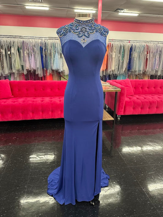 Envious Couture 16147 Size 8 Royal Blue prom dress pageant gown Slit Sheer High Neck