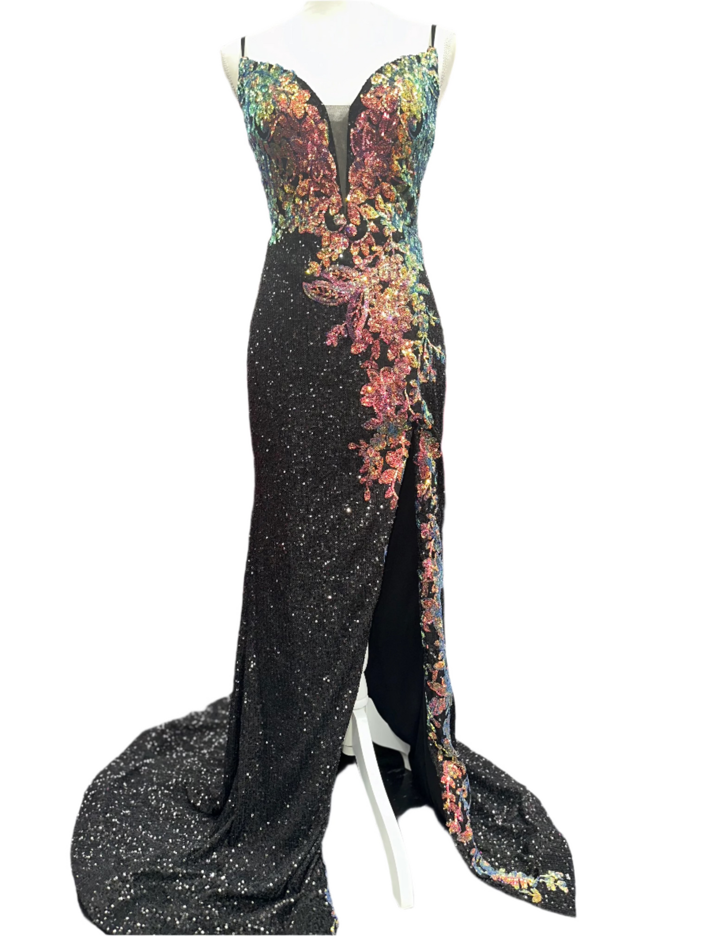 Nina Canacci 6634 Size 4 Black Fitted Slit Prom Dress Multi Sequins sheer back Formal Evening Gown