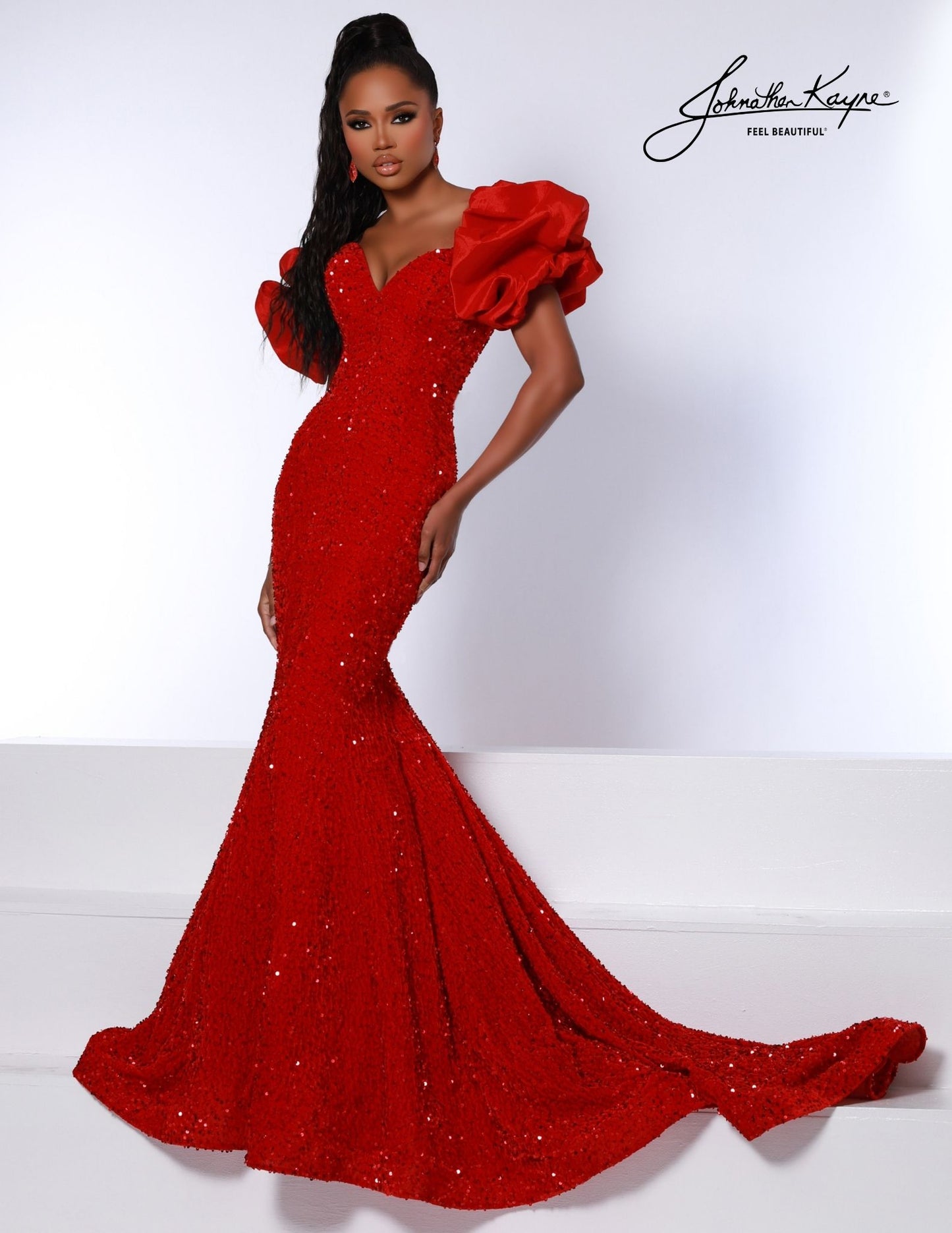 Johnathan Kayne 2641 Long Velvet Sequin Mermaid Prom Dress Puff Sleeve Pageant Gown