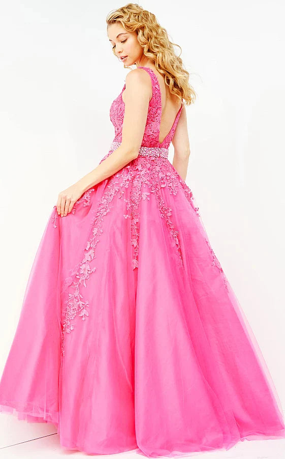 Jovani JVN68258 Size 0, 14 Hot Pink Long A Line Lace Prom Ballgown Dress Formal Plunging Neckline