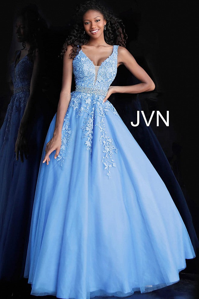 JVN68258 Blue tulle prom dress ball gown embroidered lace plunging neckline evening gown 