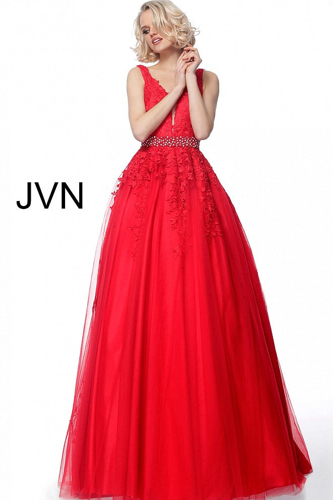 Jovani JVN68258 Size 0, 14 Hot Pink Long A Line Lace Prom Ballgown Dress Formal Plunging Neckline