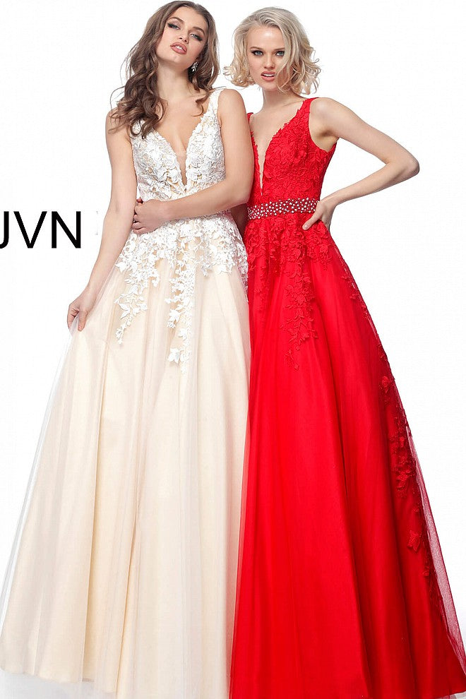 Jovani JVN68258 Size 0, 14 Hot Pink Long A Line Lace Prom Ballgown Dress Formal Plunging Neckline