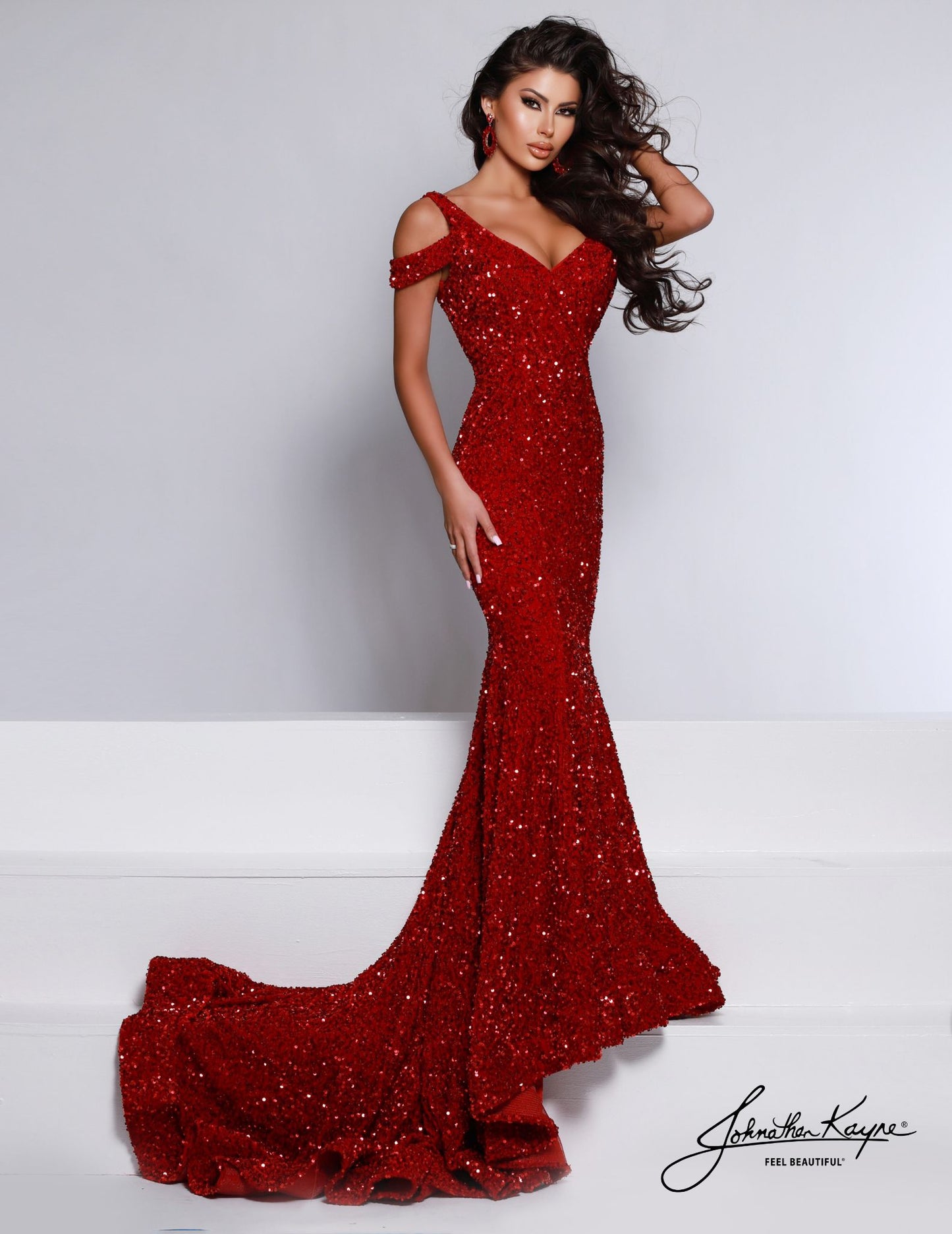 Johnathan Kayne 2678 size 00 Red sequin dress stretch velvet prom dress with off shoulder straps