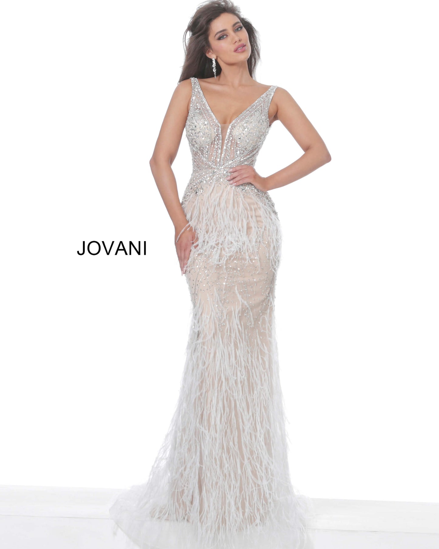 Jovani 03023 Sheer Crystal Prom Dress Feather Formal Evening Gown Wedding Pageant Couture