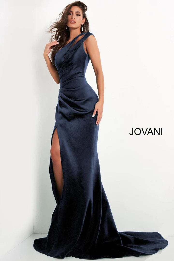 Jovani 04222 long train one shoulder evening gown prom dress cutouts ruched