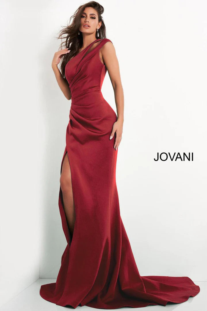 Jovani 04222 long train one shoulder evening gown prom dress cutouts ruched