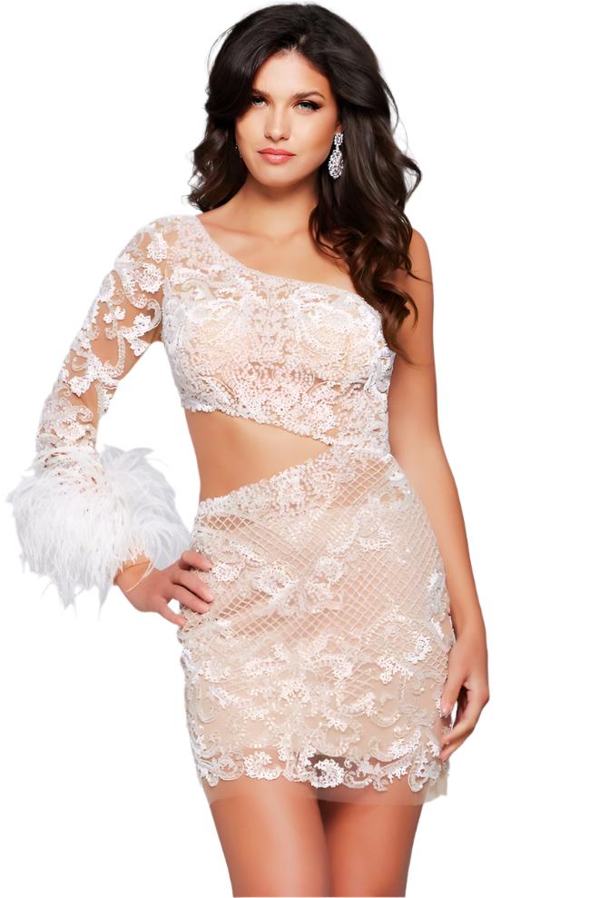 Jovani 23527 Cocktail Dress Sheer Cutout Feather Sequin Lace Long Sleeve One Shoulder Formal Gown