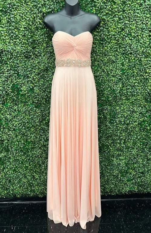 ﻿Jovani JVN27139 Beautiful strapless long dress features a sweetheart neckline with a ruched twist bodice and crystal embellished waistline adornment long prom dress pageant gown evening dress.  Perfect for a military ball or gala!   Blush size 0 