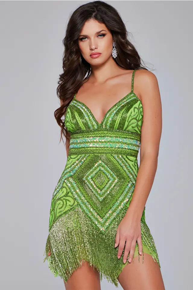 Be the center of attention in the Jovani 41101 Short Beaded Fringe Cocktail Dress. The stunning sequin skirt, v-neckline, and corset top make for a glamorous and figure-flattering look. Perfect for homecoming or any formal event, this dress offers 100% style with no compromise on comfort.