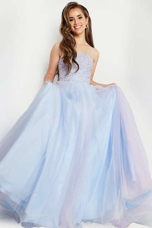 Jovani Kids K02229 This is a beautiful long tulle ballgown that has a straight neckline.  The top is fully embellished. This kids dress is great for tween or preteens for a pageant gown, spring formal or other formal events.