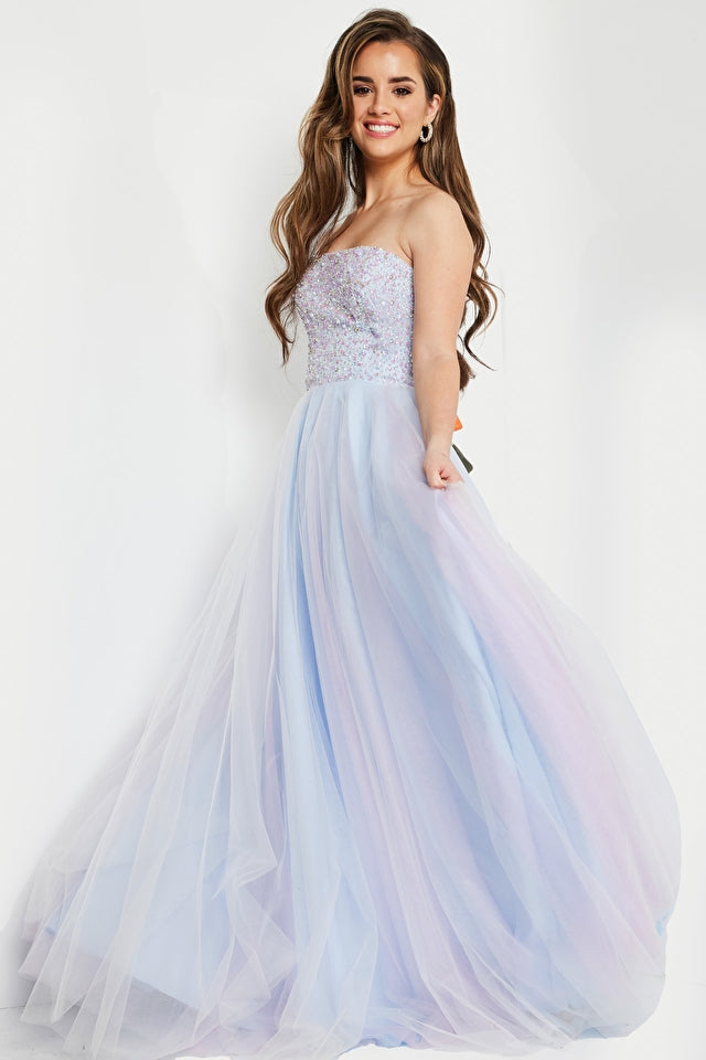 Jovani Kids K02229 This is a beautiful long tulle ballgown that has a straight neckline.  The top is fully embellished. This kids dress is great for tween or preteens for a pageant gown, spring formal or other formal events.