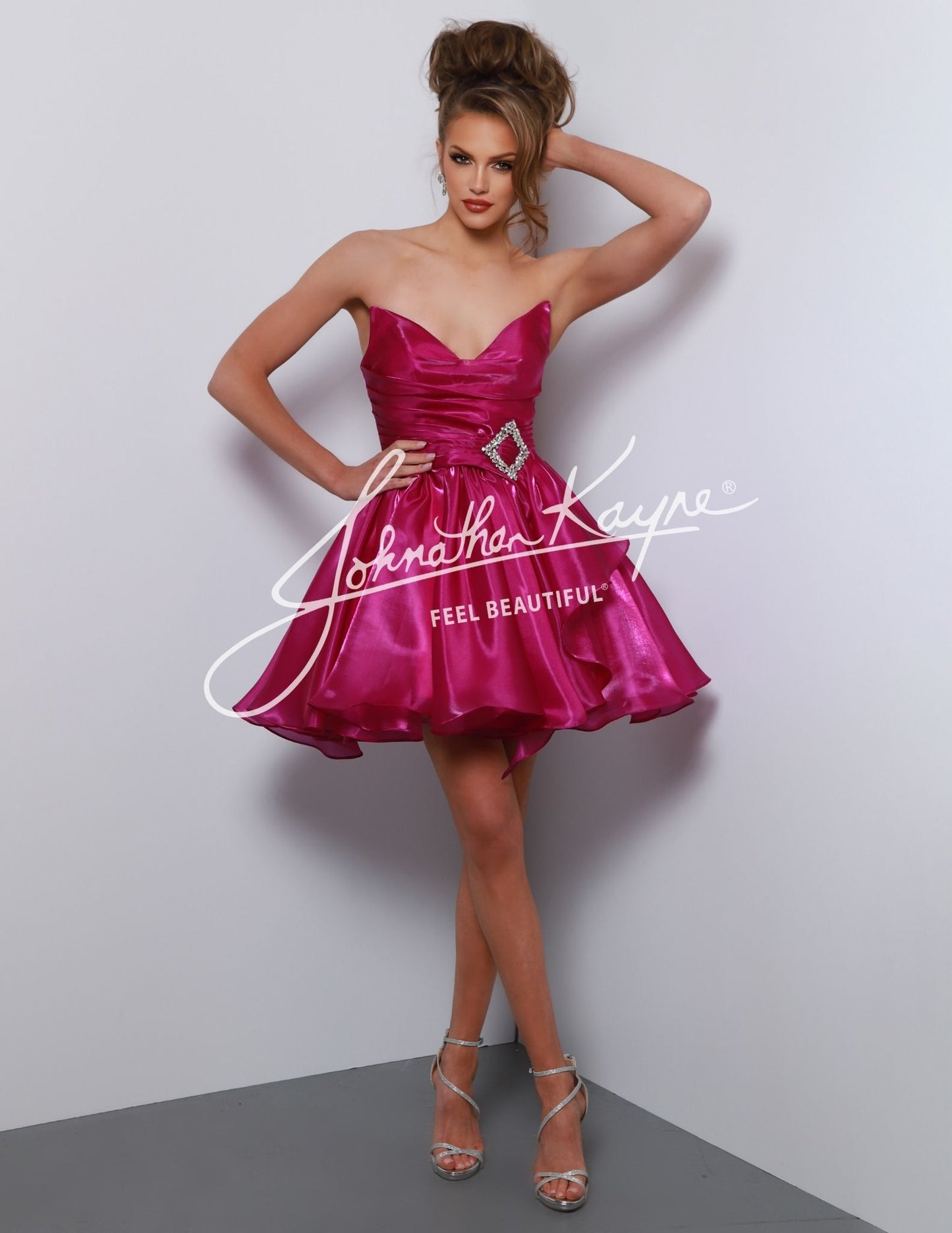 Johnathan Kayne 2962S Short Homecoming Dress A Line Shimmer V Neck Ruffle Formal Gown