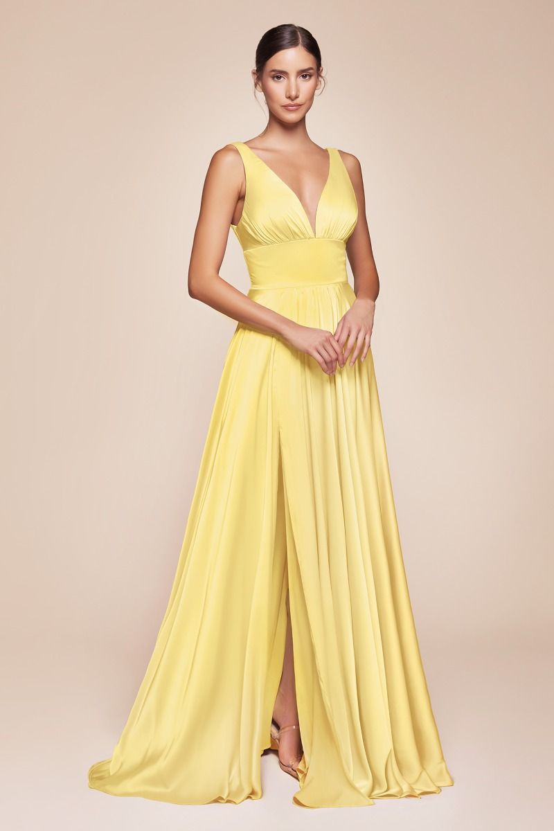 Ladivine 7469 Bridesmaids Dress is an A-line dress features a deep V-neckline and an empire waistline, beautifully crafted from soft satin. The fitted bodice transitions into a gracefully gathered skirt, creating a flattering silhouette. This best seller is ideal for bridesmaids, wedding guests, or formal events, and is both elegant and timeless.