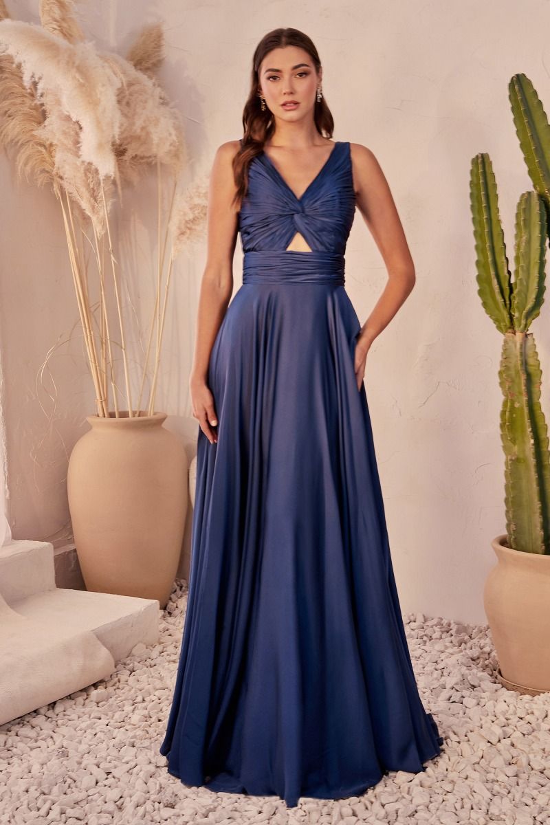 Ladivine 7497 Bridesmaids Dress A line Soft Satin Keyhole Straps Navy