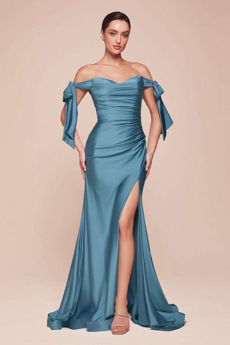 Ladivine CD943 Evening Bridesmaids Dress Off the Shoulder Tie Straps Fitted Ruched with Slit