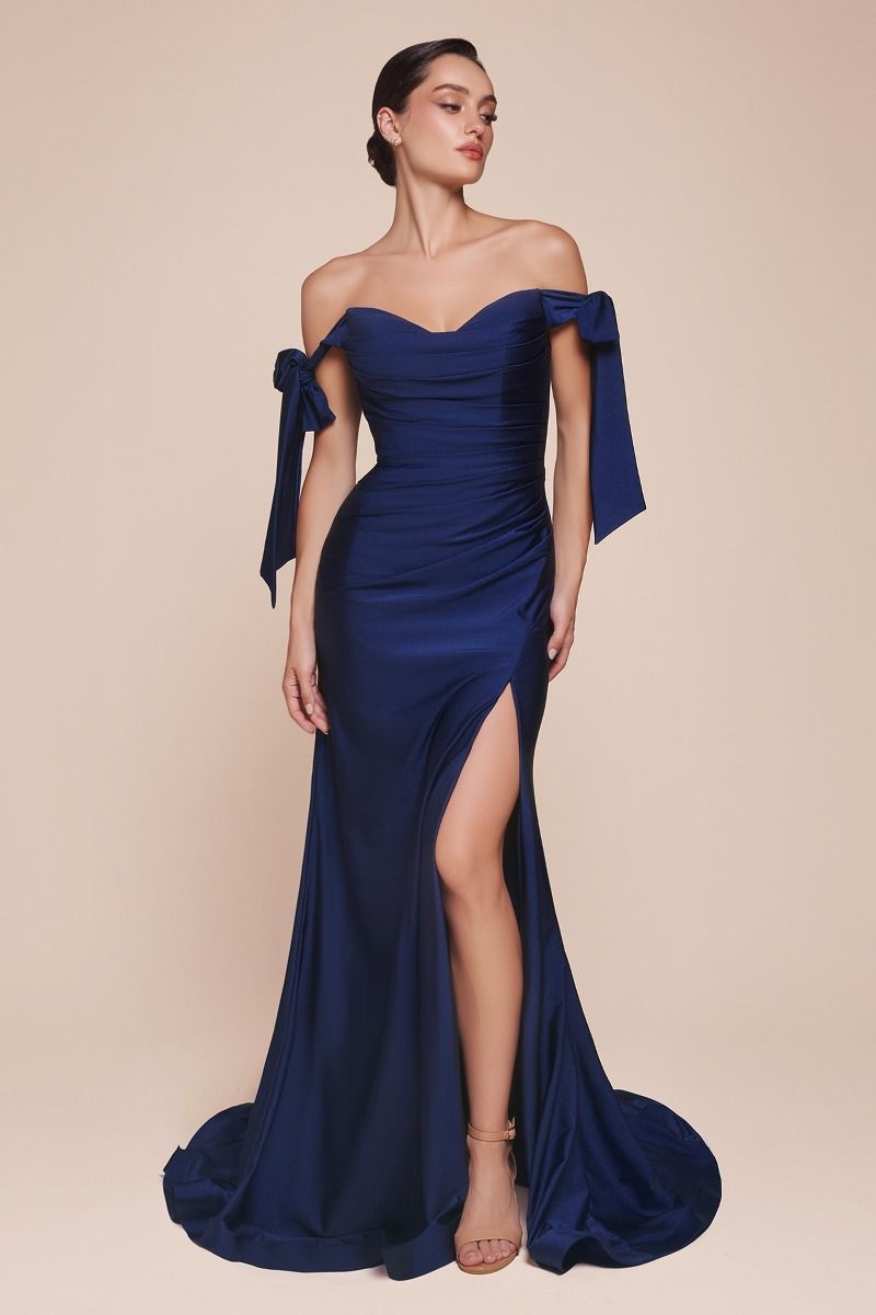 Ladivine CD943C Evening Bridesmaids Dress Curvy Sizes Off the Shoulder Tie Straps Fitted Ruched Slit