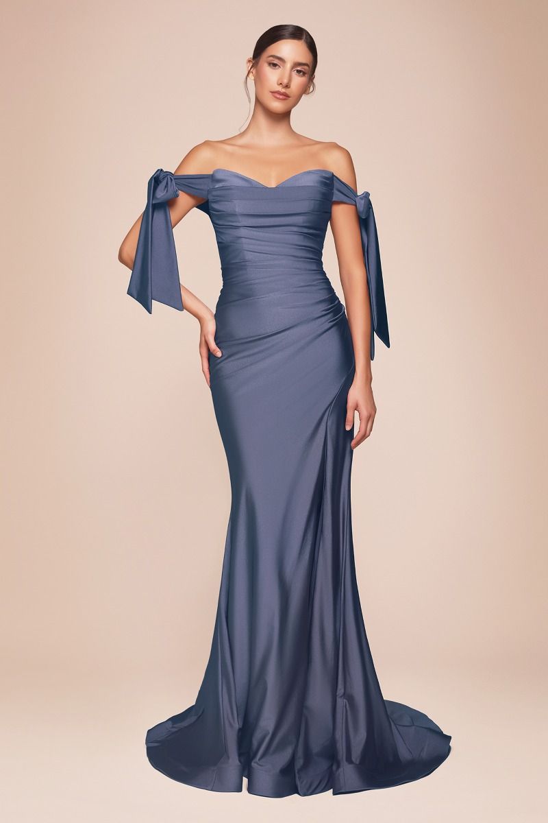 Ladivine CD943C Evening Bridesmaids Dress Curvy Sizes Off the Shoulder Tie Straps Fitted Ruched Slit