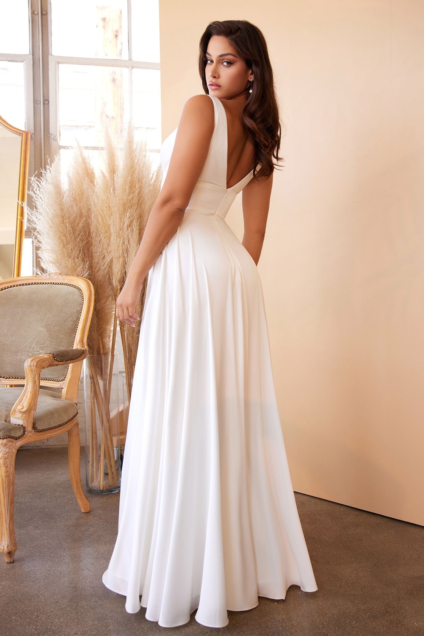 Ladivine 7469W and 7469WW White Wedding Dress Long Simple Slit Satin V Neck A Line Evening Gown