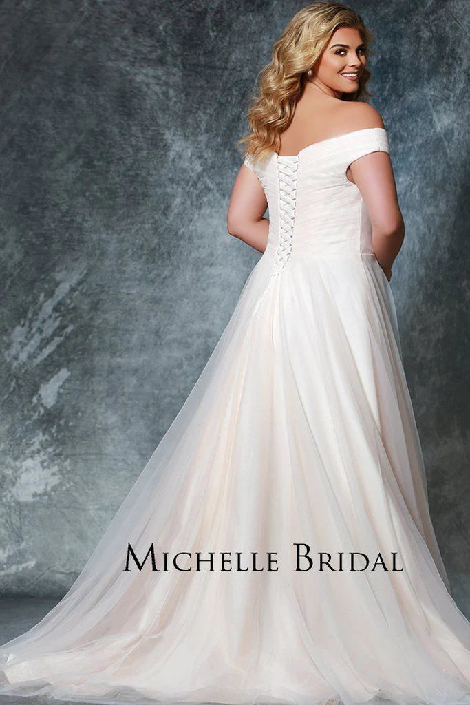 Michelle Bride For Sydney's Closet MB1812 A-Line V-Neck Lace Up Back Off The Shoulder Straps Pleated Plus Size Bridal Gown. Look radiant in the Michelle Bride For Sydney's Closet MB1812 A-Line V-Neck Gown. Crafted from quality fabric, this design features off the shoulder straps, a pleated bodice, and a lace-up back for an adjustable fit. Perfect for the plus-size bride!