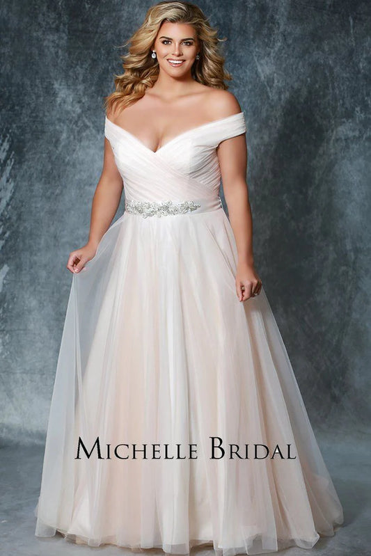 Michelle Bride For Sydney's Closet MB1812 A-Line V-Neck Lace Up Back Off The Shoulder Straps Pleated Plus Size Bridal Gown. Look radiant in the Michelle Bride For Sydney's Closet MB1812 A-Line V-Neck Gown. Crafted from quality fabric, this design features off the shoulder straps, a pleated bodice, and a lace-up back for an adjustable fit. Perfect for the plus-size bride!