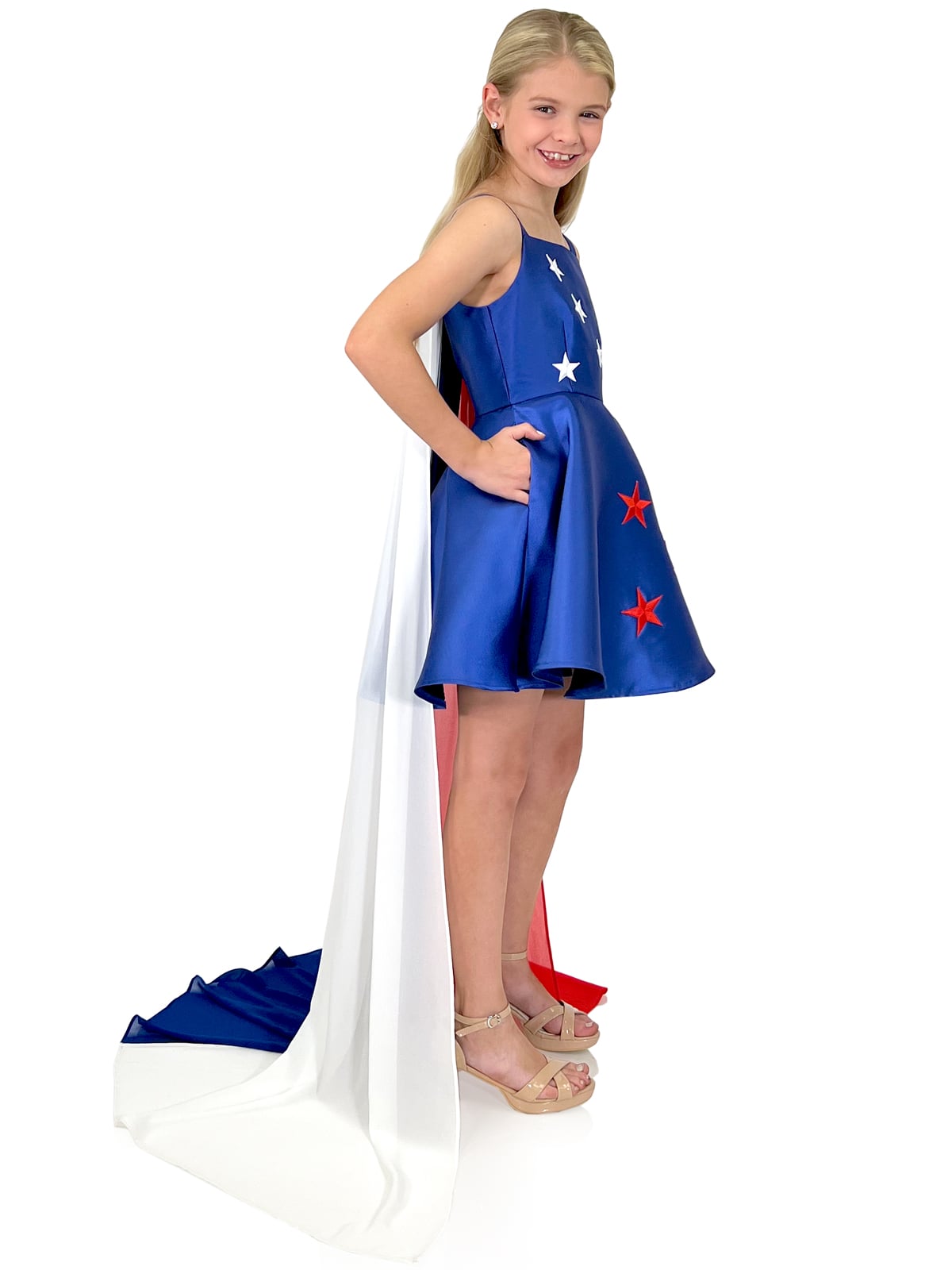 Marc Defang 5030 Size 4, 8, 12 Red White & Blue Girls Pageant Fun Fashion Cape Detachable