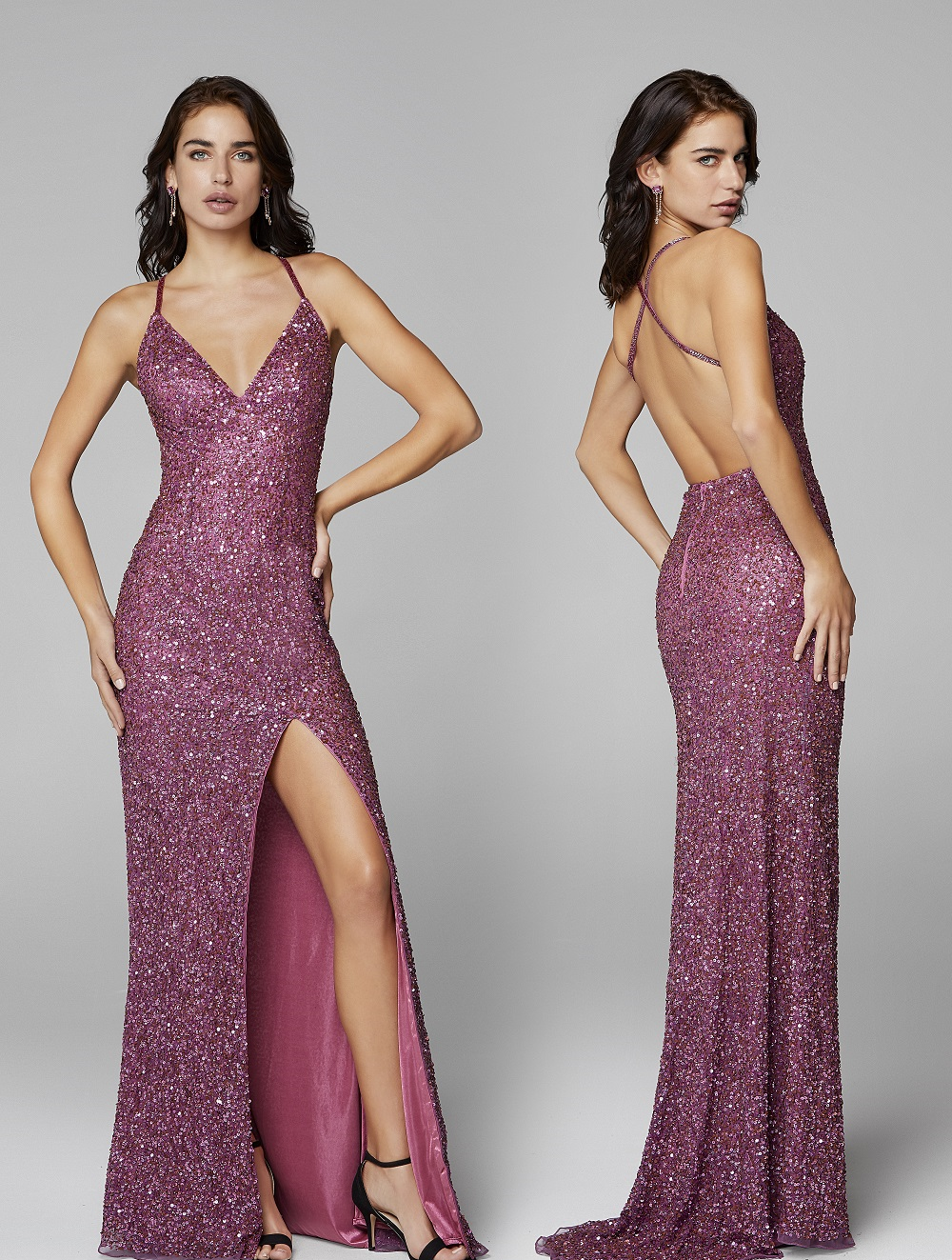 Primavera-Couture-3291-Raspberry-Prom-Dress-Front-Back-Exclusive-Sequins-V-Neckline-Backless-Slit