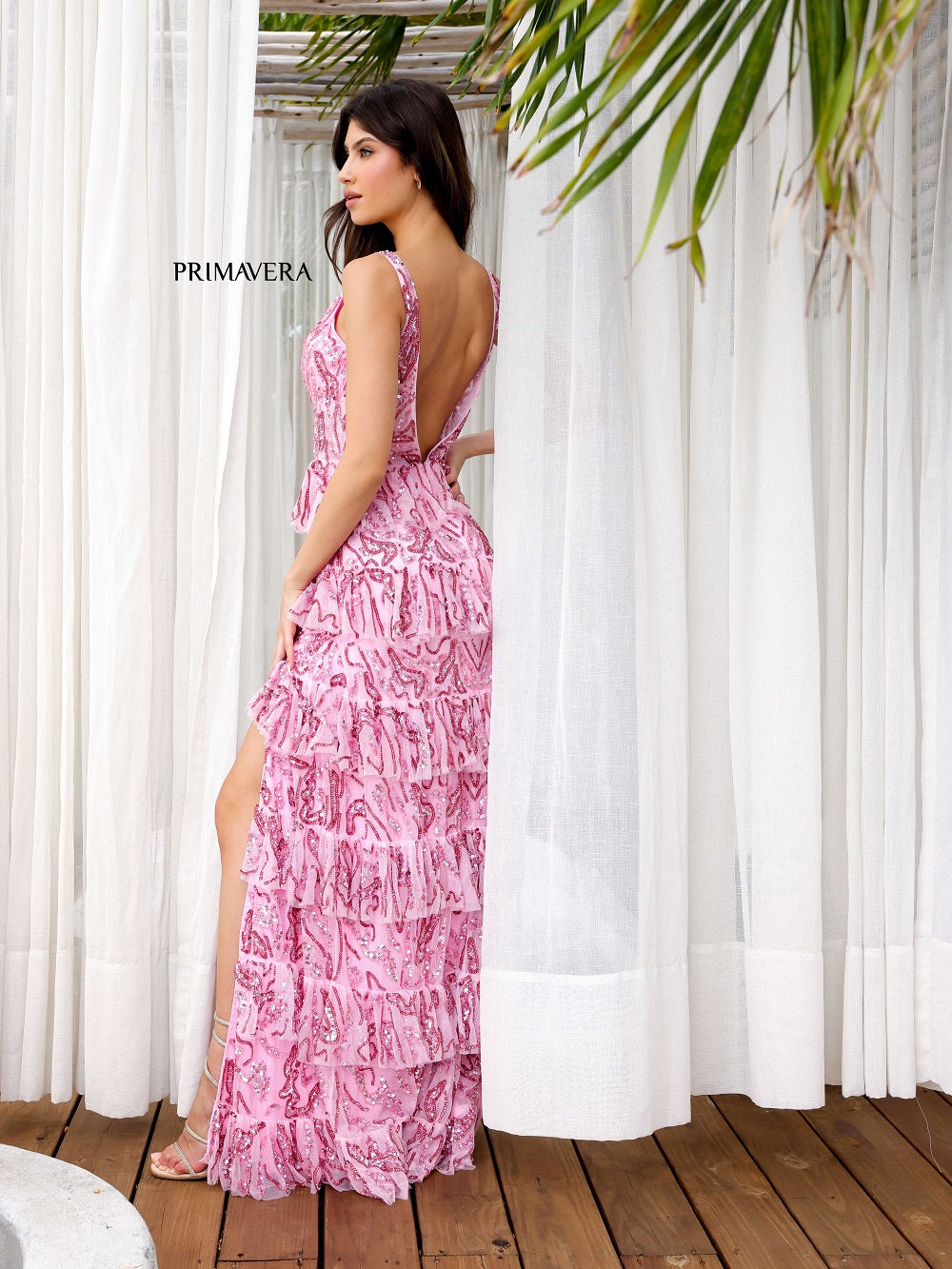 Primavera Couture 4295 layered evening gown ruffled long skirt with slit v neckline wide shoulder straps