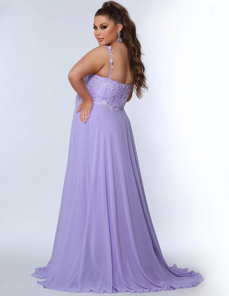 Sydney's Closet SC7351 Chiffon Floral Lace Double Straps Deep V-Neck A-Line With Slit Plus Size Prom Dress. Be the star of the show in Sydney's Closet