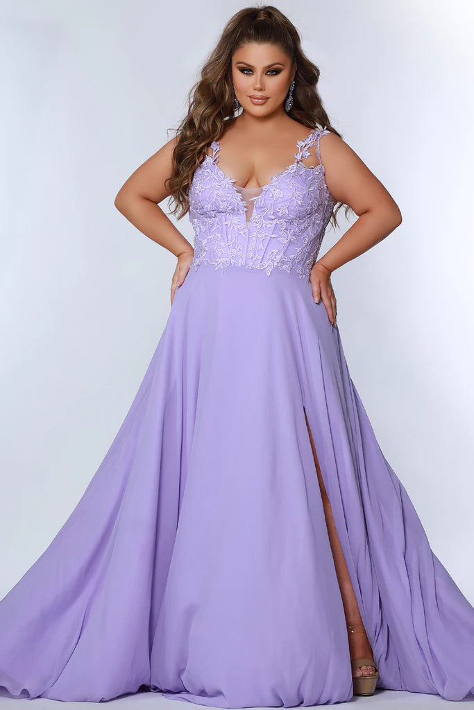 Sydney's Closet SC7351 Chiffon Floral Lace Double Straps Deep V-Neck A-Line With Slit Plus Size Prom Dress