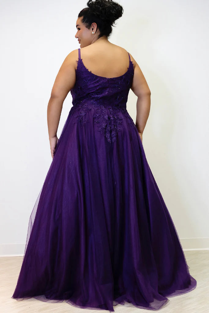 Sydney's Closet SC7357 A-Line Scoop Neck Tulle Lace Appliques Plus Size Prom Dress.  You'll be the belle of the ball in Sydney's Closet SC7357 A-Line Prom Dress! Flattering A-line skirt with scoop neck and lace appliques make you look like a real star. Get ready to dazzle in this plus size stunner! #HollaIfYouHeardItHereFirst