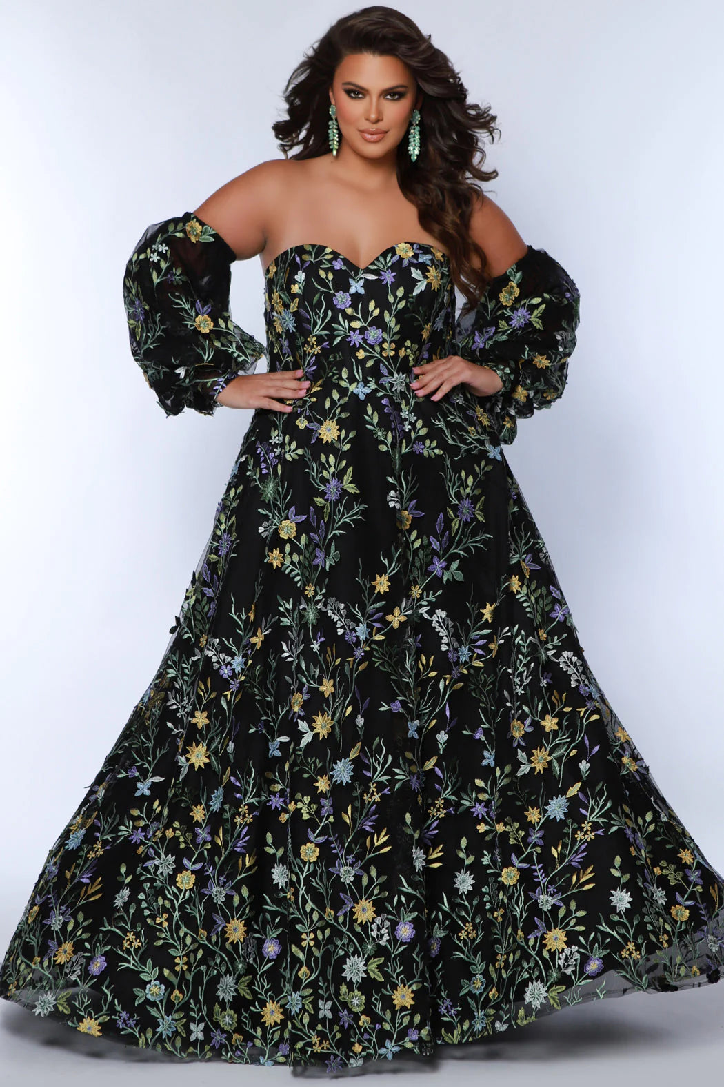 This Sydneys Closet SC7381 long prom dress is perfect for formal occasions or special evenings out. Featuring a plus size A-line silhouette, a sweetheart neckline, and a striking floral pattern, this stylish dress is sure to bring a touch of elegance and glamour to your look. Unleash your romantic side in our 'Watch Me Bloom' formal dress! 