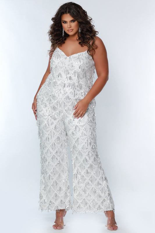 Sydney's Closet SC9108 Long Plus Size Sequin Fringe Jumpsuit Formal Pockets V Neck  Color: Diamond White, Navy, Sangria Size: 14-28 Sequin fringe Jumpsuit Spaghetti straps covered in sequins V-neckline Pockets Natural waistline Wide leg pant