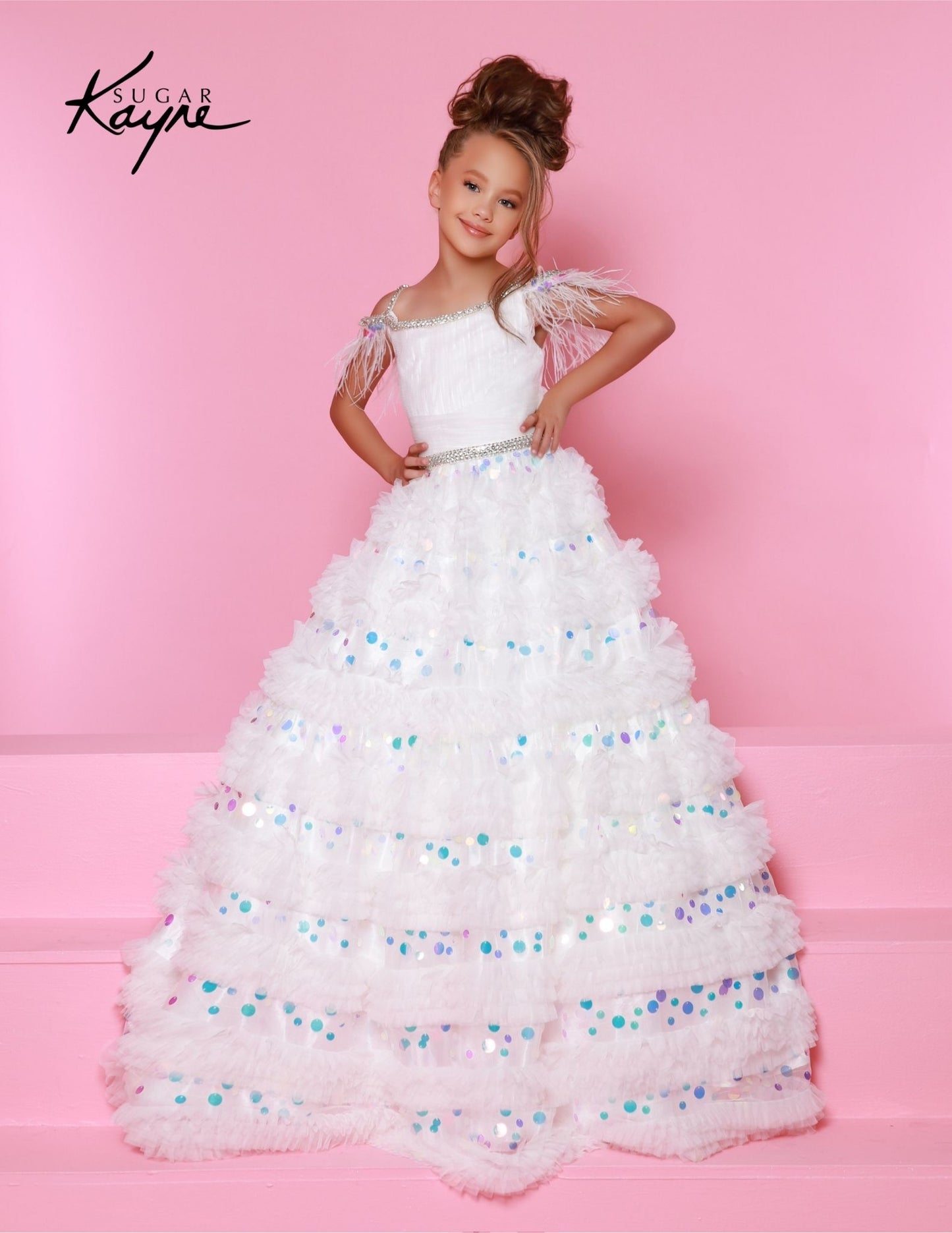 Sugar Kayne C342 is a long layered ruffled A-line ballgown designed specifically for preteen girls who want to make a statement. This one of a kind dress features off-shoulder details and feathers for an added touch of elegance. Perfect for any pageant or special occasion. Dress like the true princess you are! This enchanting mesh ballgown featuring ruffles on the skirt is designed to make you shine bright on the stage!