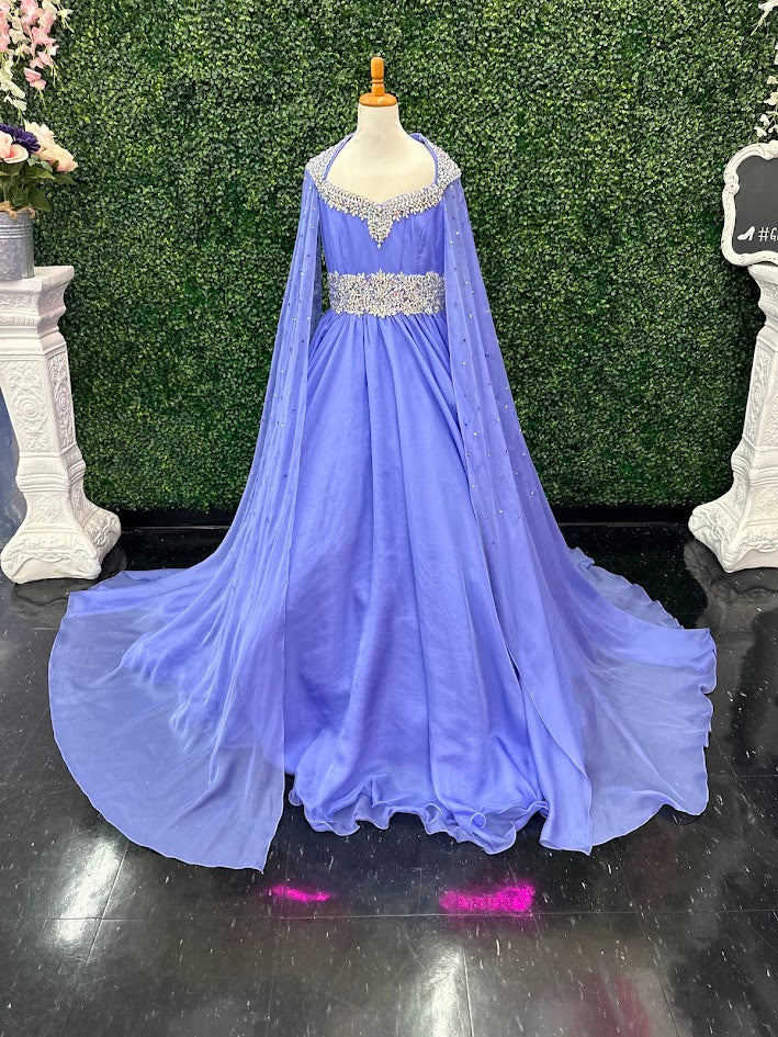 The Samantha Blake 1023 Girls Long Cape Sleeve Pageant Dress is perfect for any special occasion. The crystal cut out back and A line silhouette add a touch of elegance to the chiffon material. With long cape sleeves flowing from a cap sleeve, your child will feel like a true princess in this beautiful dress. Perfect Unique look for Pageants!